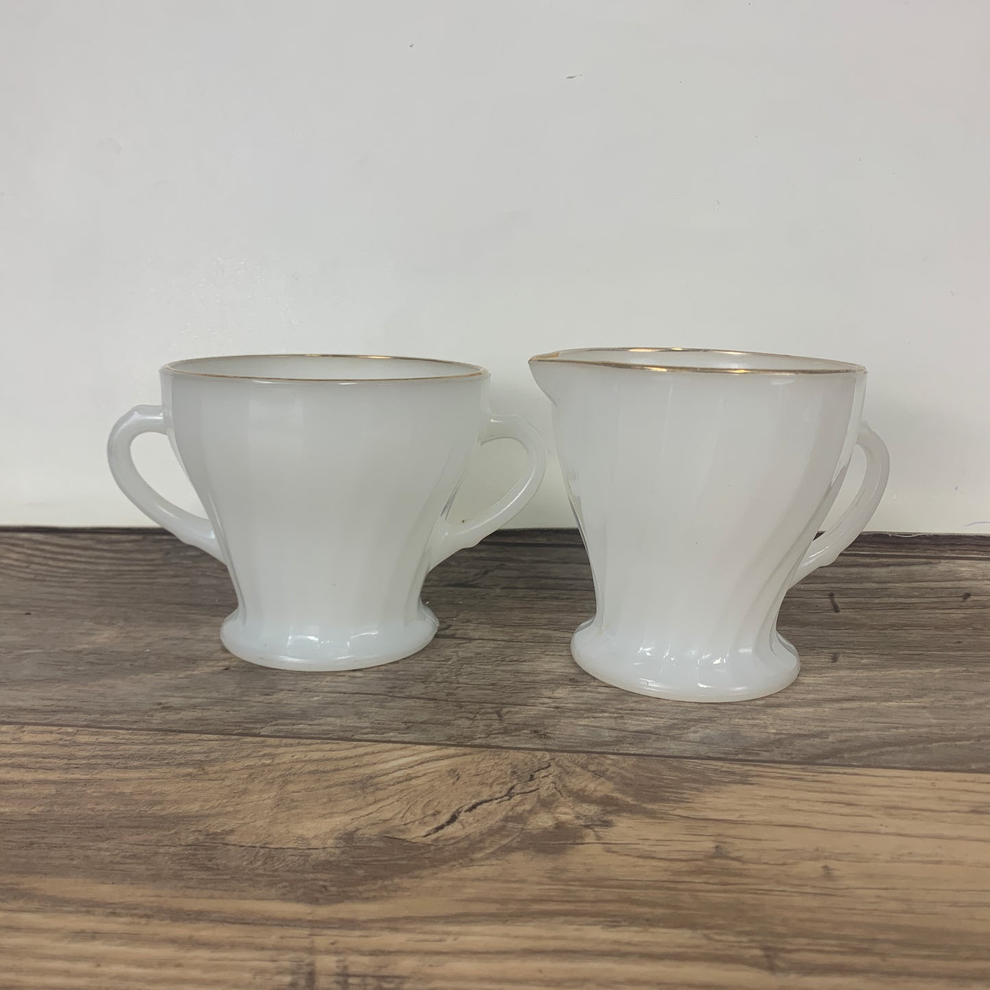 Anchor Hocking Milk Glass Creamer and Sugar, Swirled Milk Glass with Gold Trim