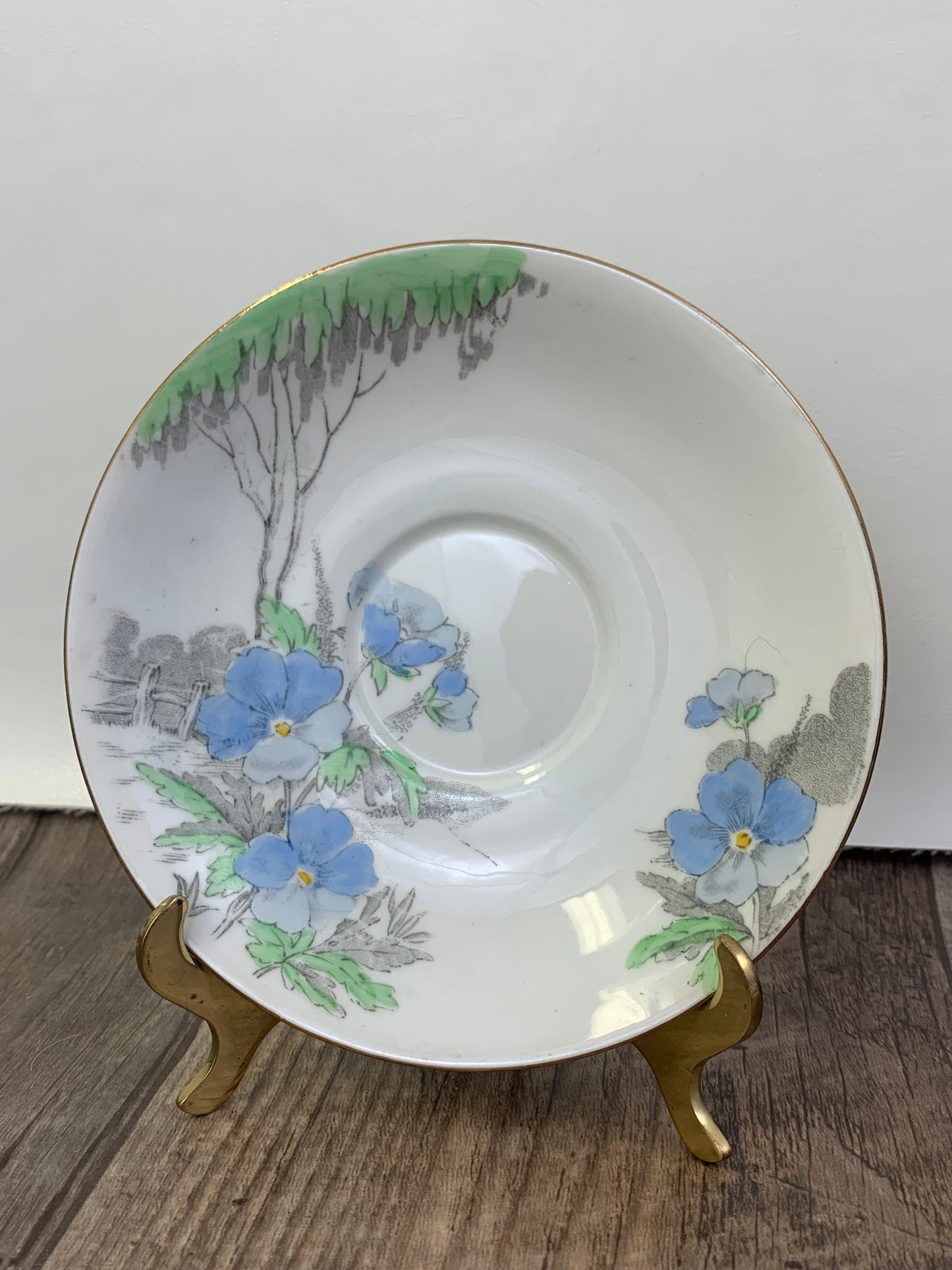 Vintage Teacup with Hand Painted Blue Green and Grey Garden Scene Royal York Fine Bone China