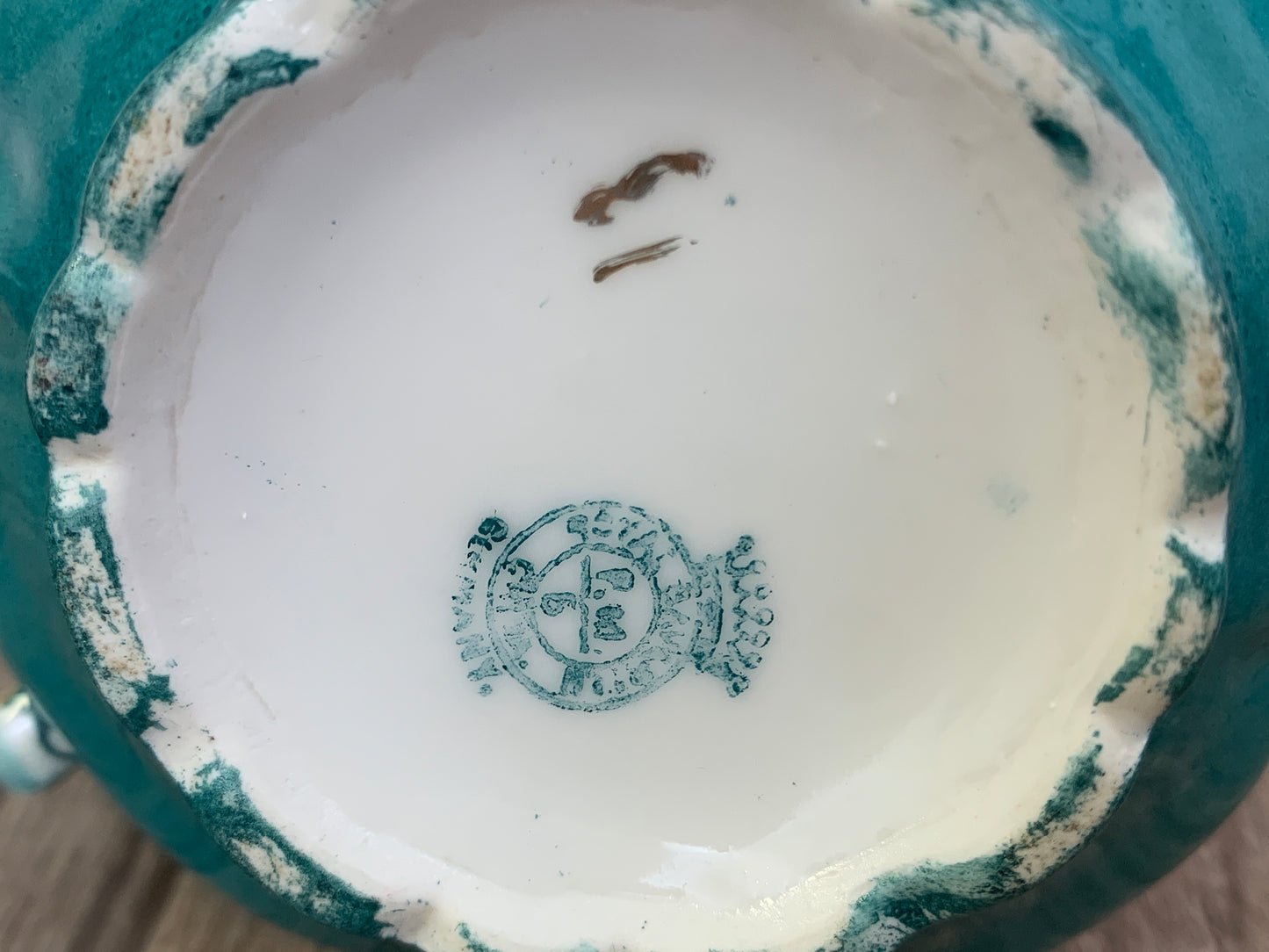 Antique Porcelain Creamer and Cup Teal and White Porcelain with Picture