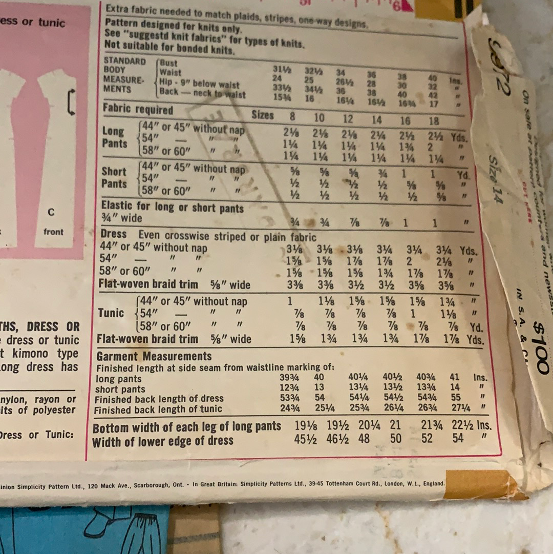 Misses Jiffy Pants in 2 Lengths and Dress or Tunic Simplicity 9972 Sewing Pattern