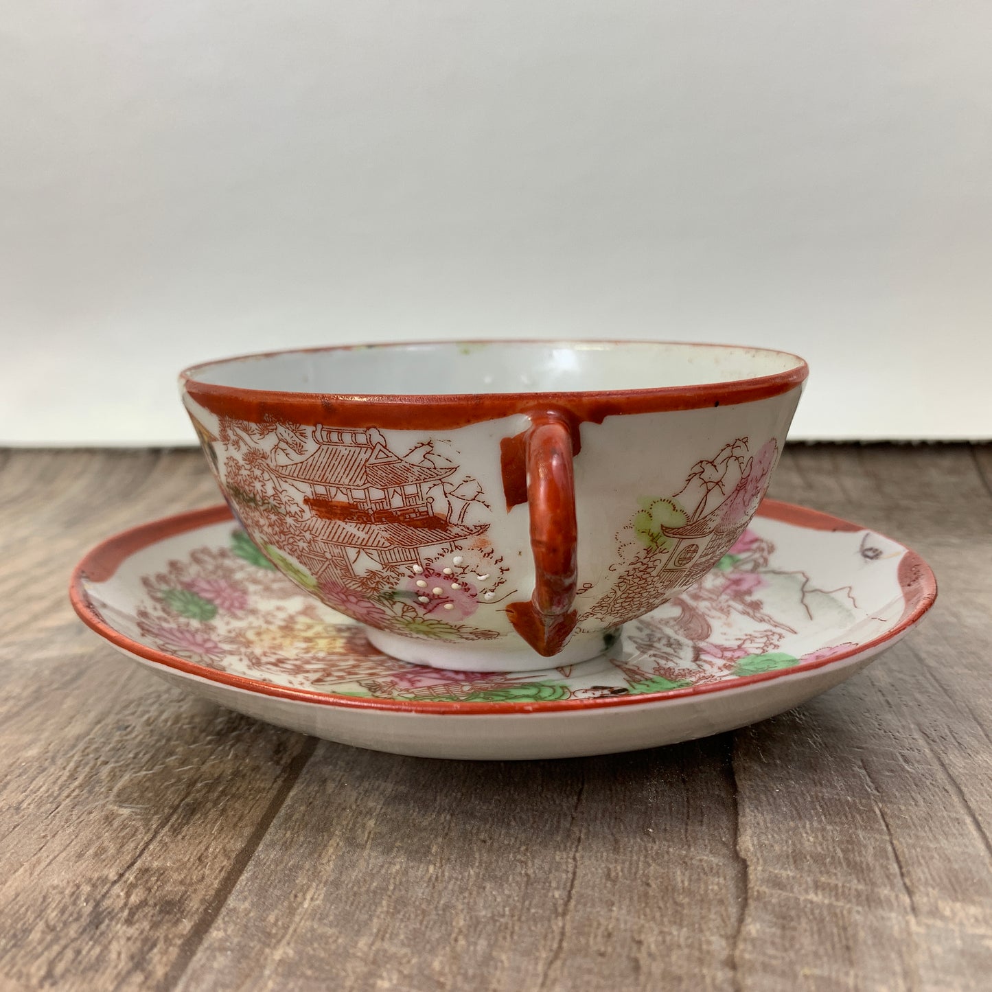 Moriage Teacup and Saucer Japanese Landscape Scene