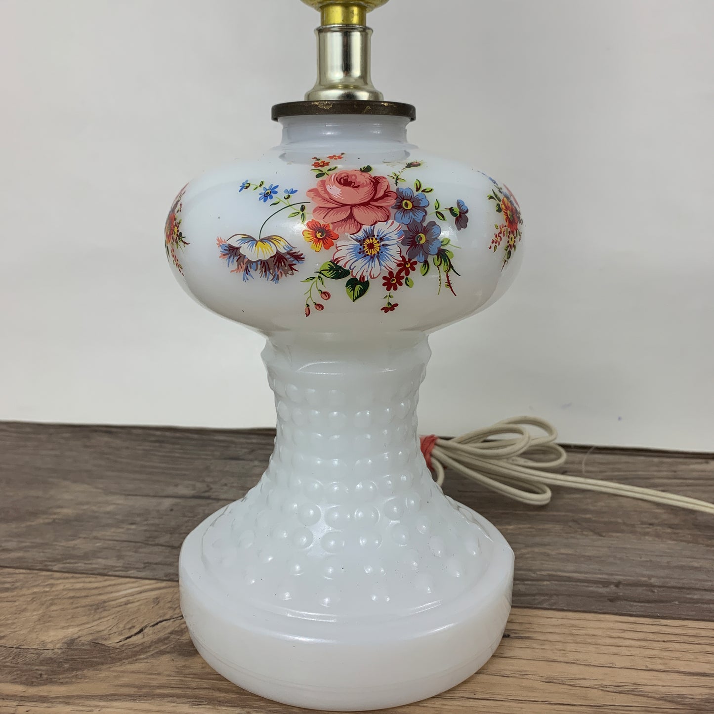 Milk Glass Lamp with Pink and Blue Flowers, Vintage Milk Glass Accent Lamp