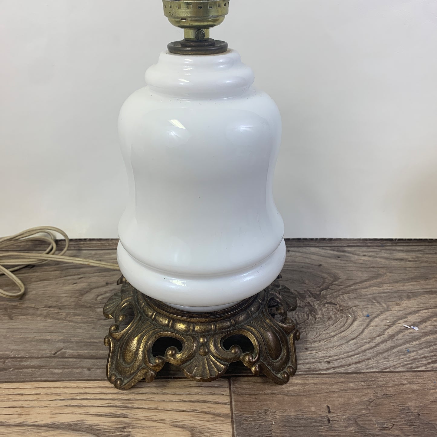 Pair of Milk Glass Table Lamps with Cast Metal Base