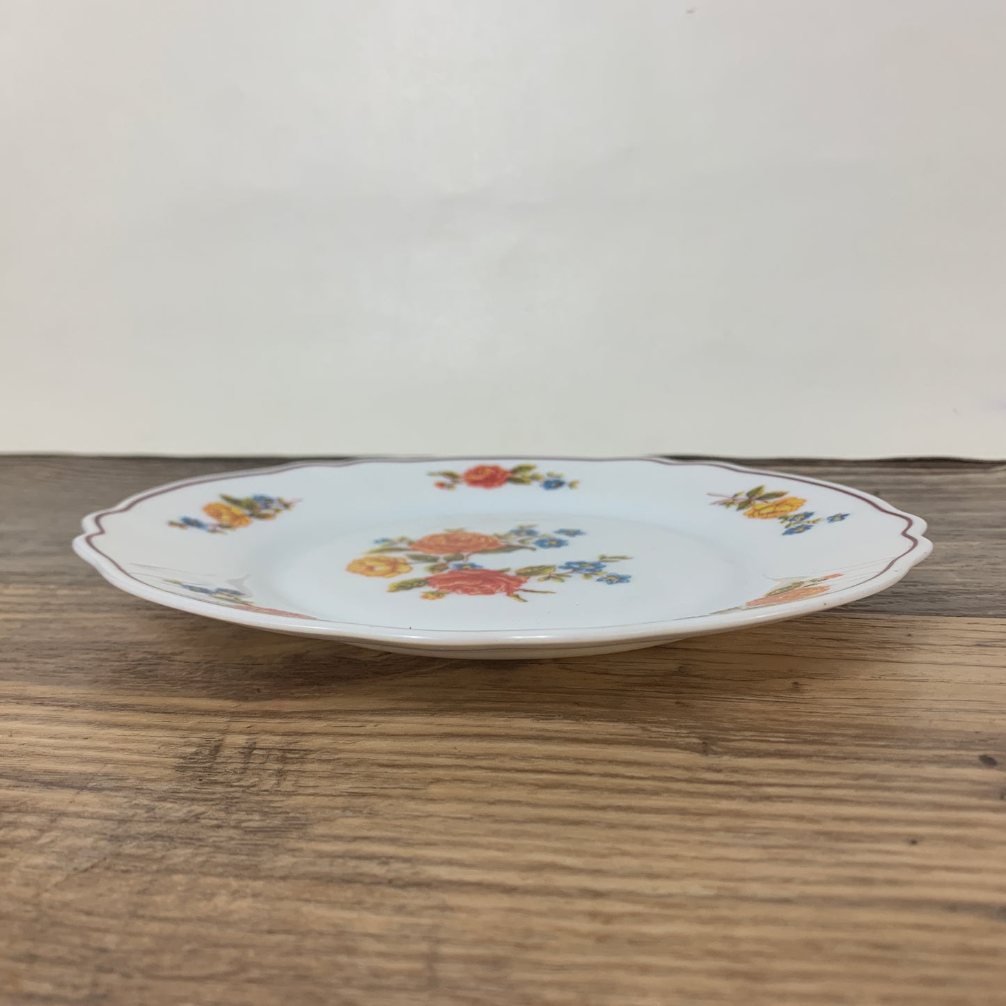 Acropal France 7.5" Salad Plate Milk Glass Plate with Orange and Blue Floral Pattern