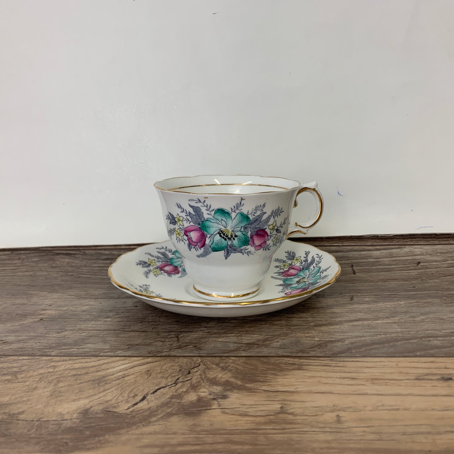Colclough Hand Painted Teacup with Pink and Teal Flowers