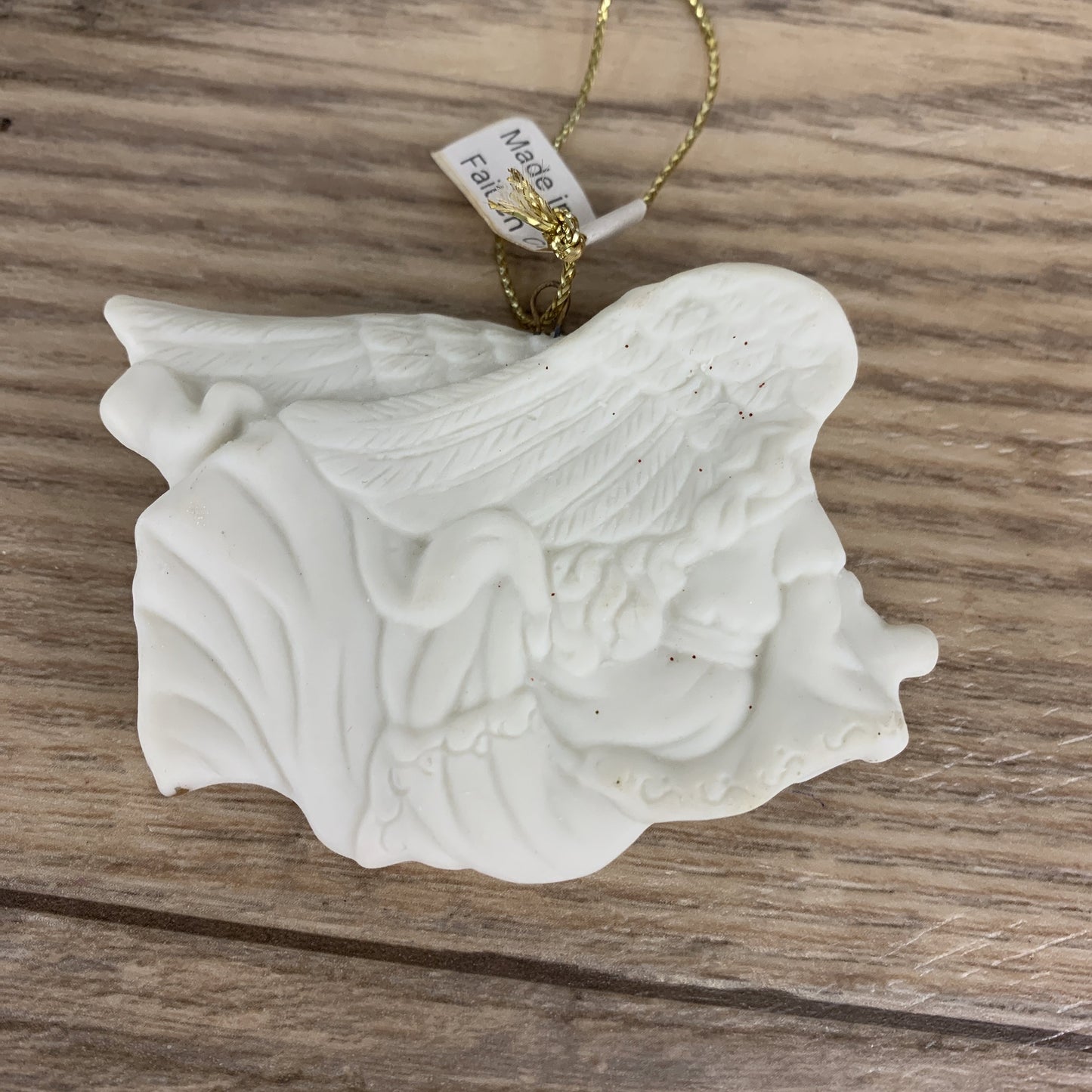 Avon Set of 3 Bisque Ornaments, Boxed Set Wreath, Angel, Sleigh White Porcelain with Gold Trim
