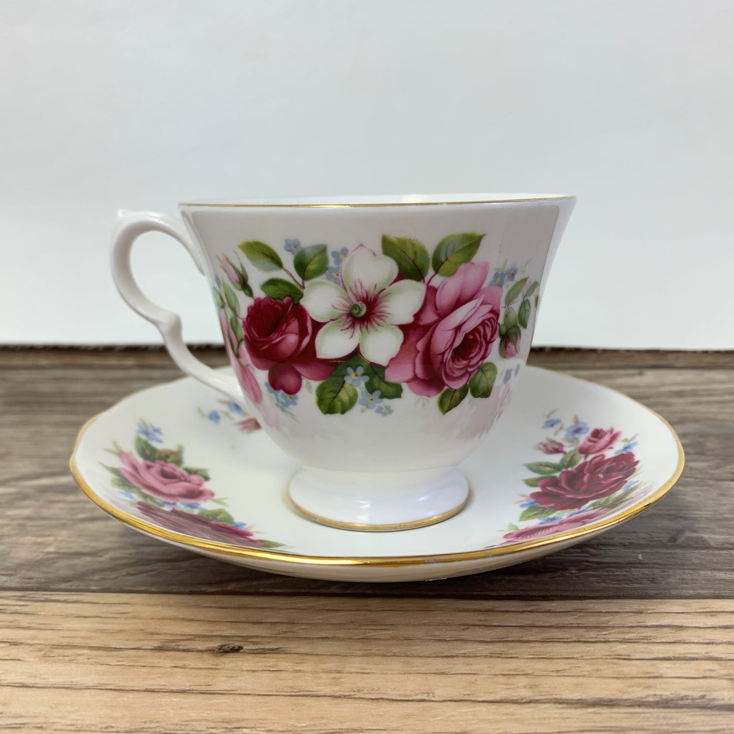 Pink, White and Red Queen Anne Vintage Teacup and Saucer Set