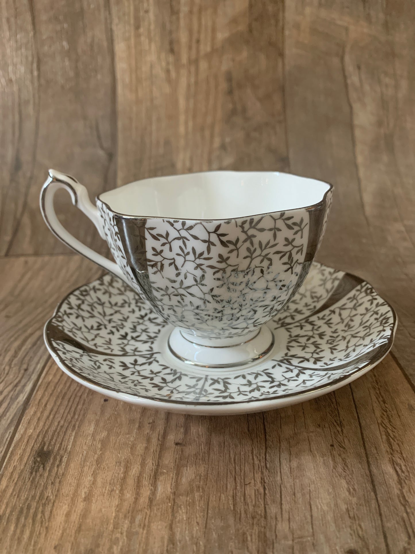 Queen Anne Silver Lace Tea Cup and Saucer Silver Floral Vintage Teacup Mothers Day Gift