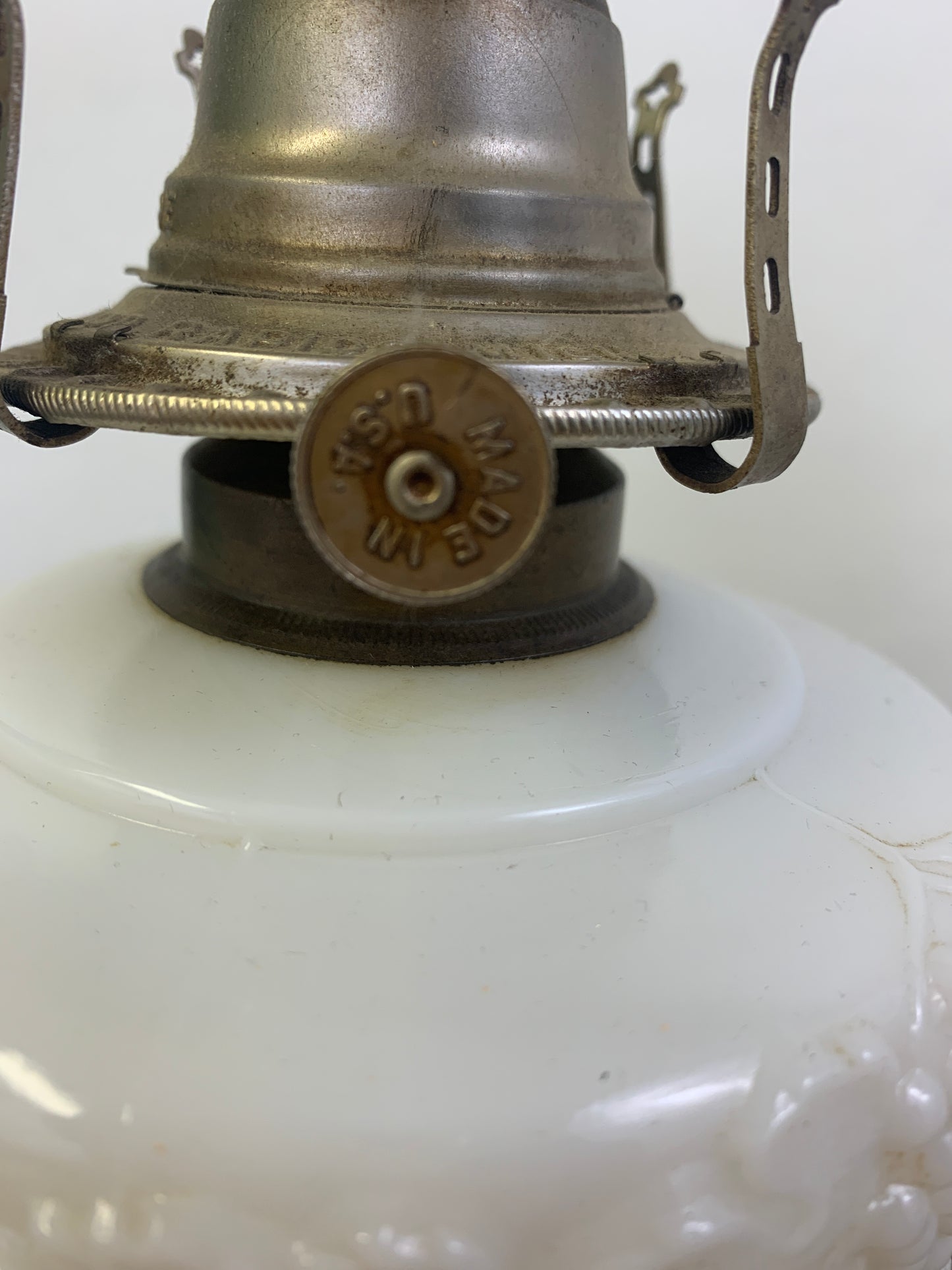 Milk Glass Pedestal Oil Lamp with Grapevine Pattern Early American Oil Lamp Made in USA White Flame Burner Grand Rapids Michigan