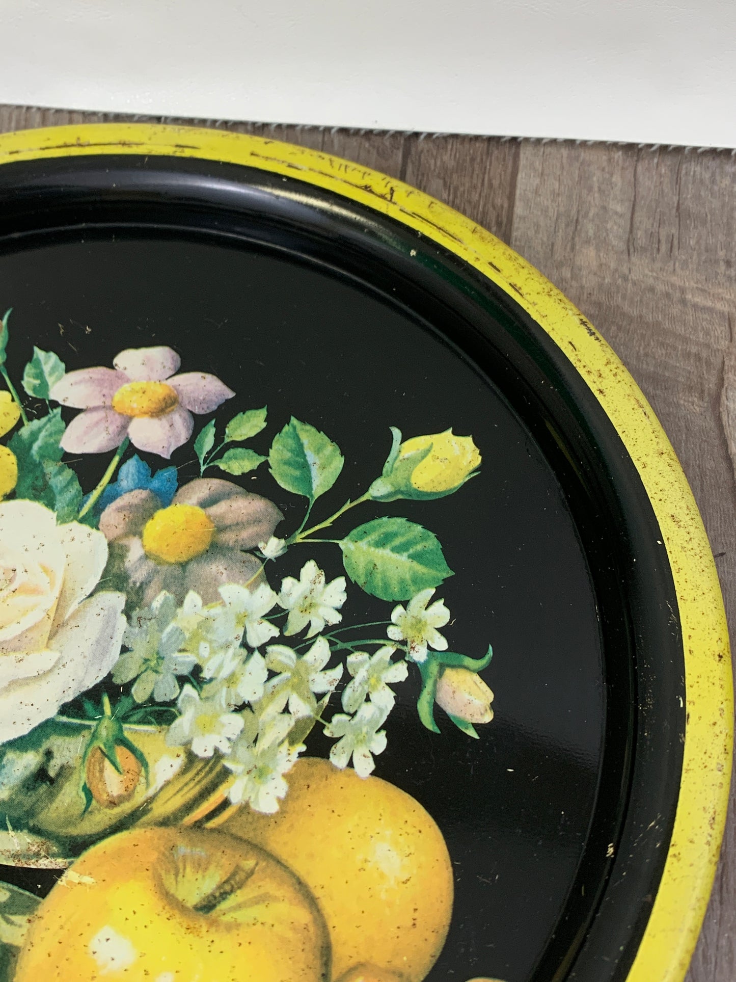 Vintage Round Tray with Floral Pattern Black and Yellow Tray Vintage Farmhouse Decor