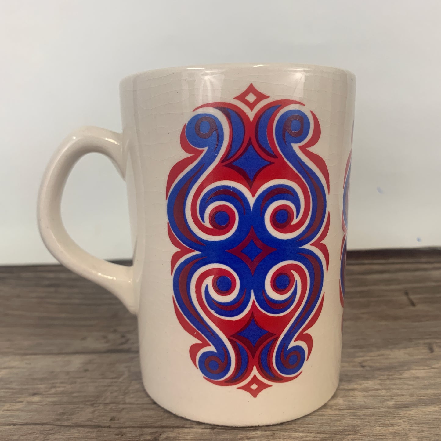Staffordshire Potteries Tall Coffee Mug with Red and Blue Design