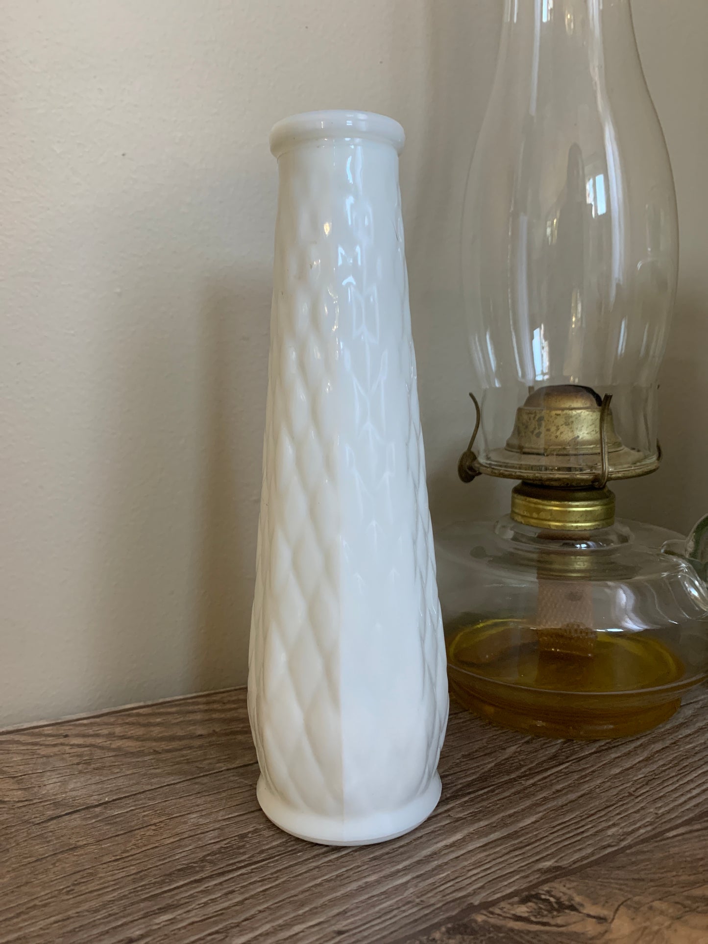 White Milk Glass Vintage Vase with Diamond Waffle Pattern Vintage Farmhouse Decor Housewarming Gifts