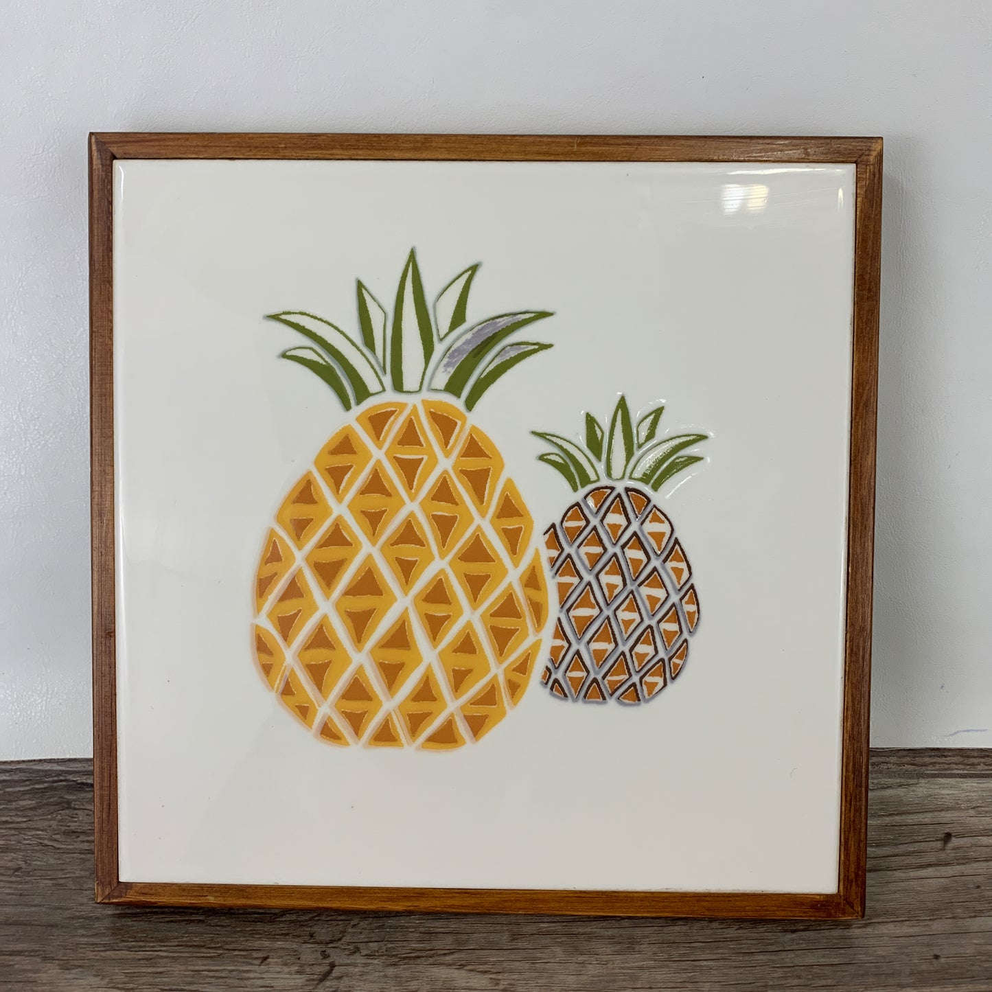 Vintage Ceramic Tile Trivet with Pineapples, Wood Frame Hot Plate