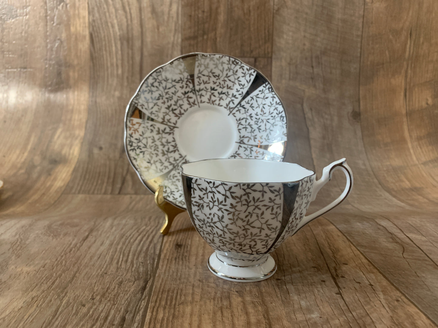 Queen Anne Silver Lace Tea Cup and Saucer Silver Floral Vintage Teacup Mothers Day Gift