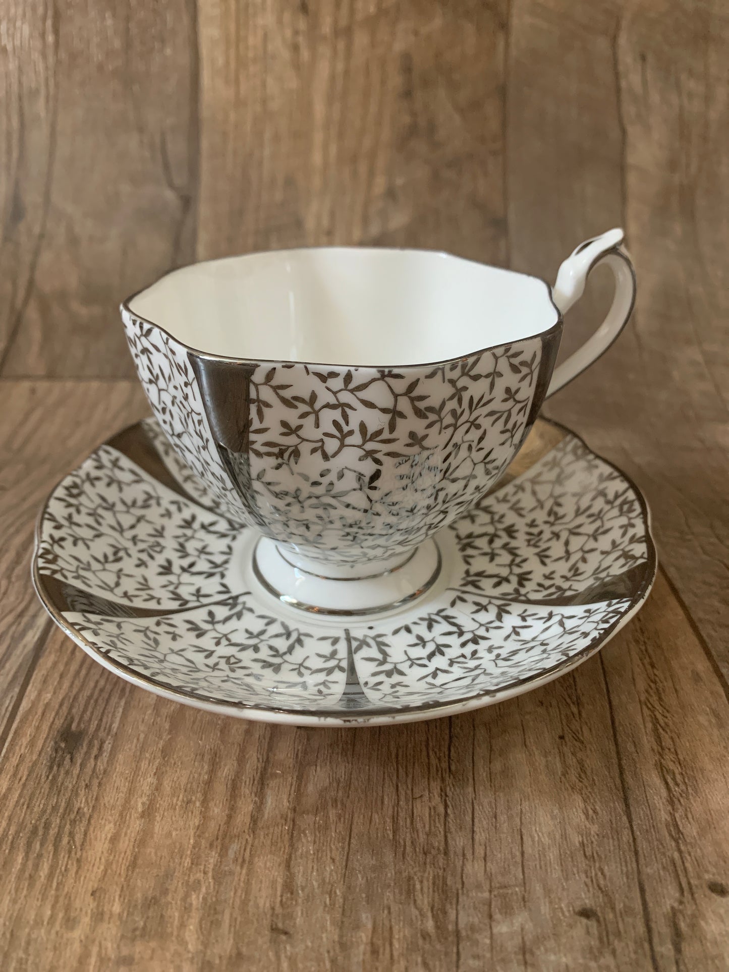 Queen Anne Silver Lace Tea Cup and Saucer Silver Floral Vintage Teacup Mothers Day Gift