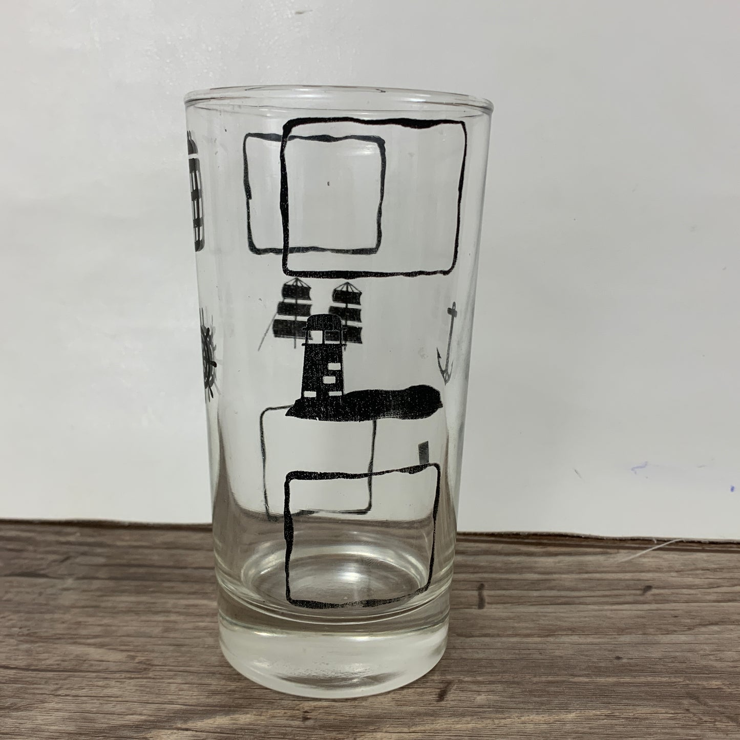Vintage Juice Glasses with Black Nautical Design, Beach House Glasses