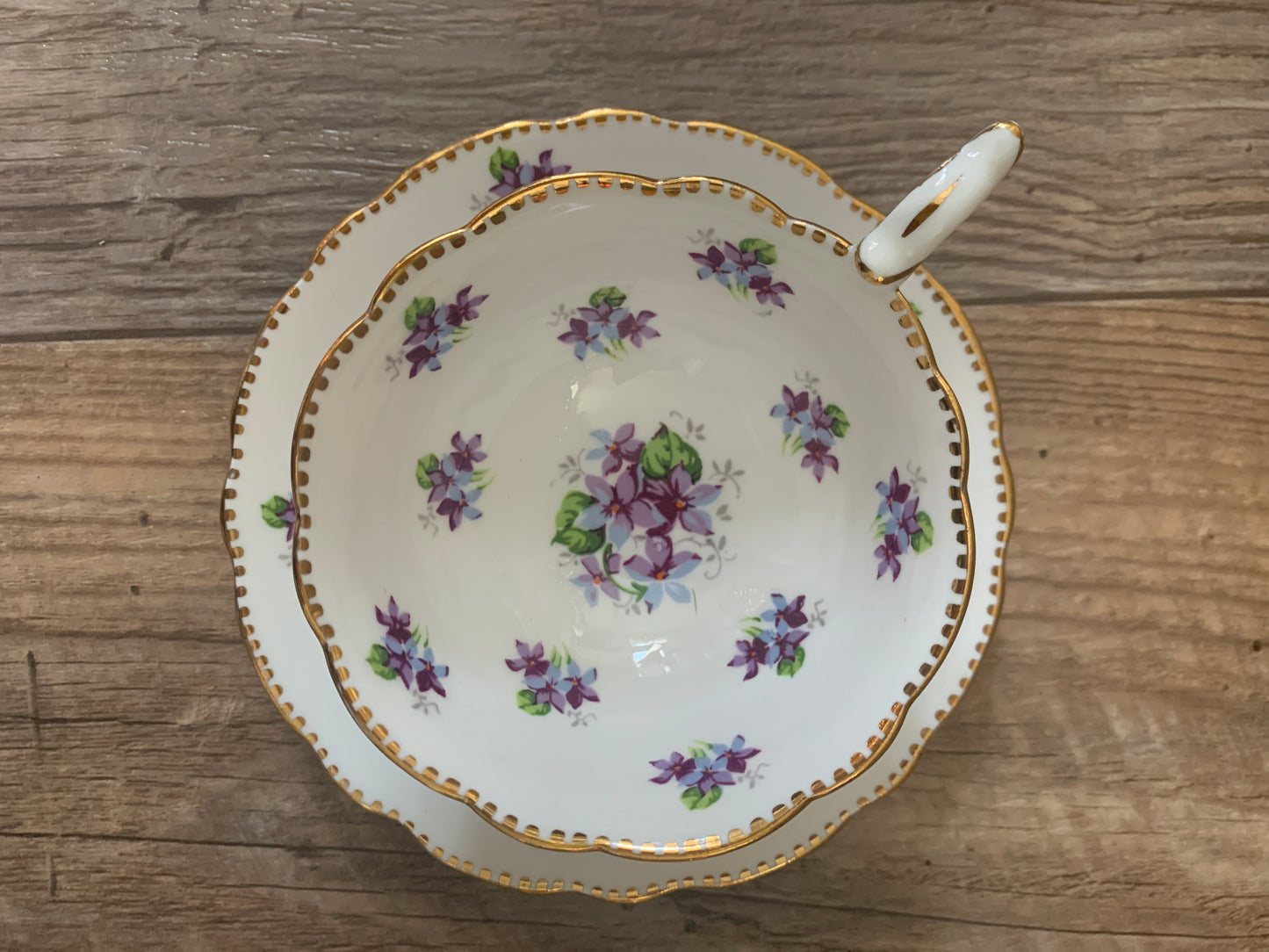 Vintage Teacup and Saucer with Purple Violets Wide Mouth Tea Cup and Saucer Set Mothers Day Gifts