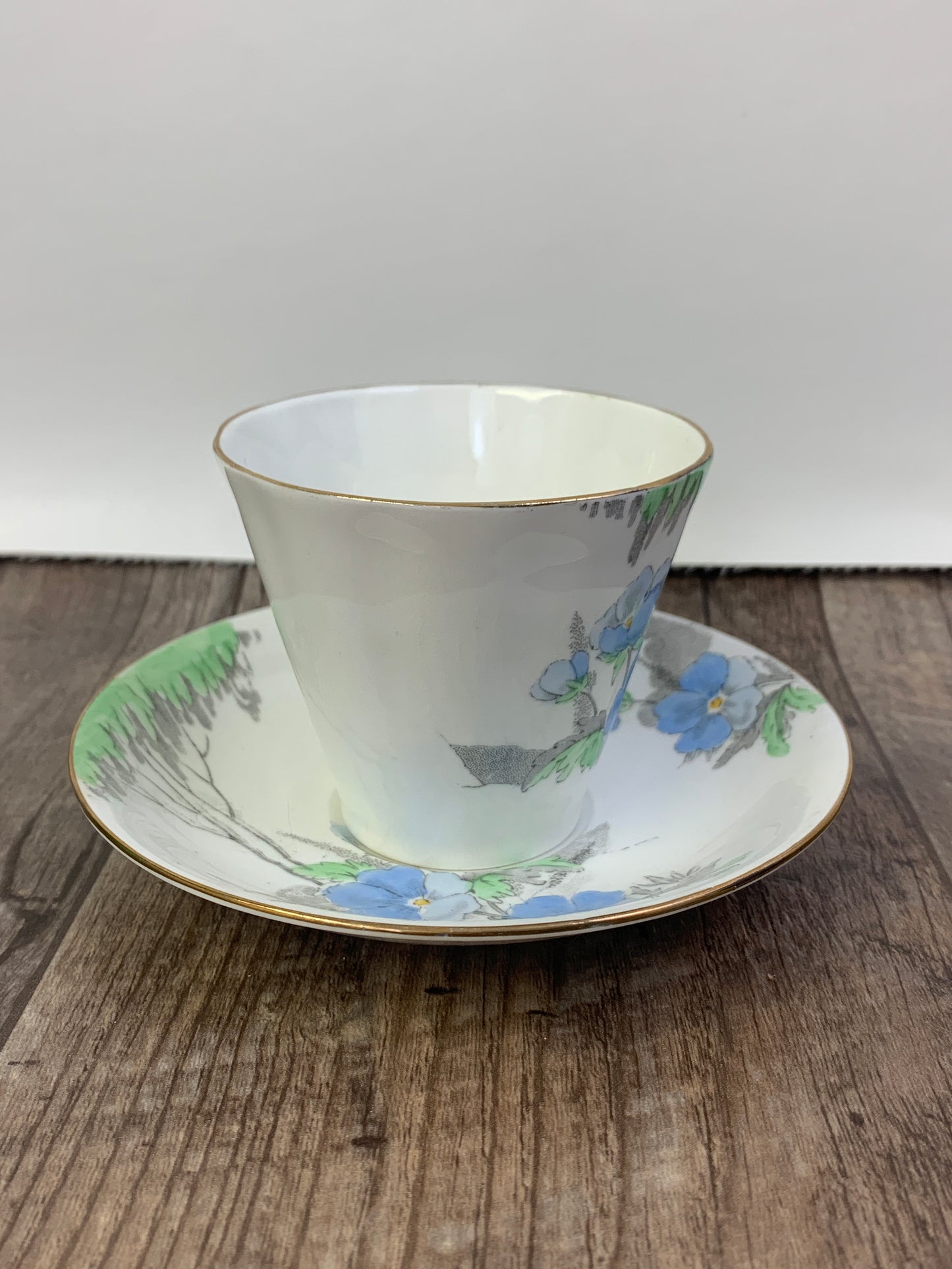 Vintage Teacup with Hand Painted Blue Green and Grey Garden Scene Royal York Fine Bone China