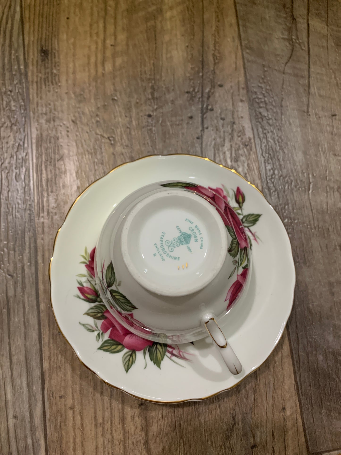 Vintage Tea Cup with Red Roses Staffordshire White Teacup with Red Roses