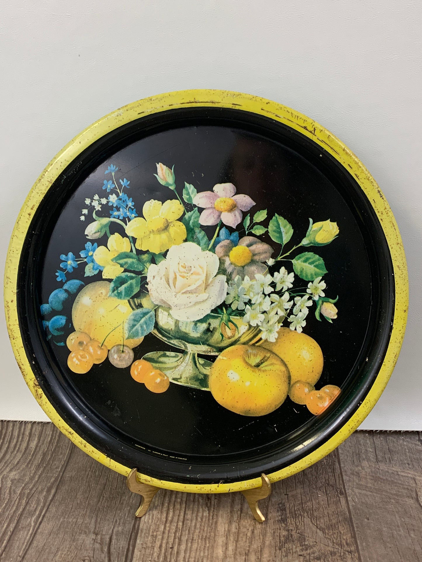 Vintage Round Tray with Floral Pattern Black and Yellow Tray Vintage Farmhouse Decor