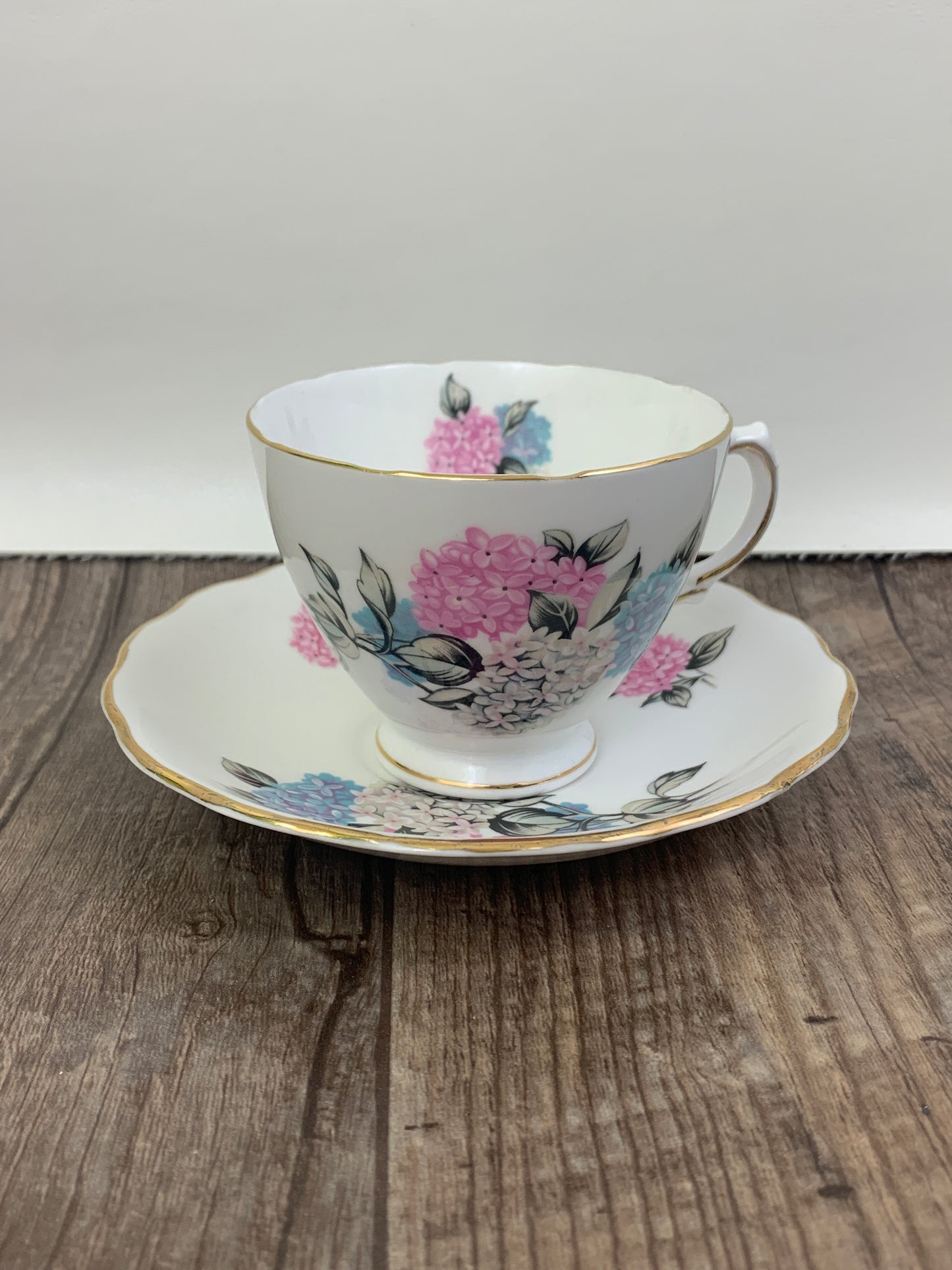 Vintage Teacup with Pink and Blue Hydrangeas
