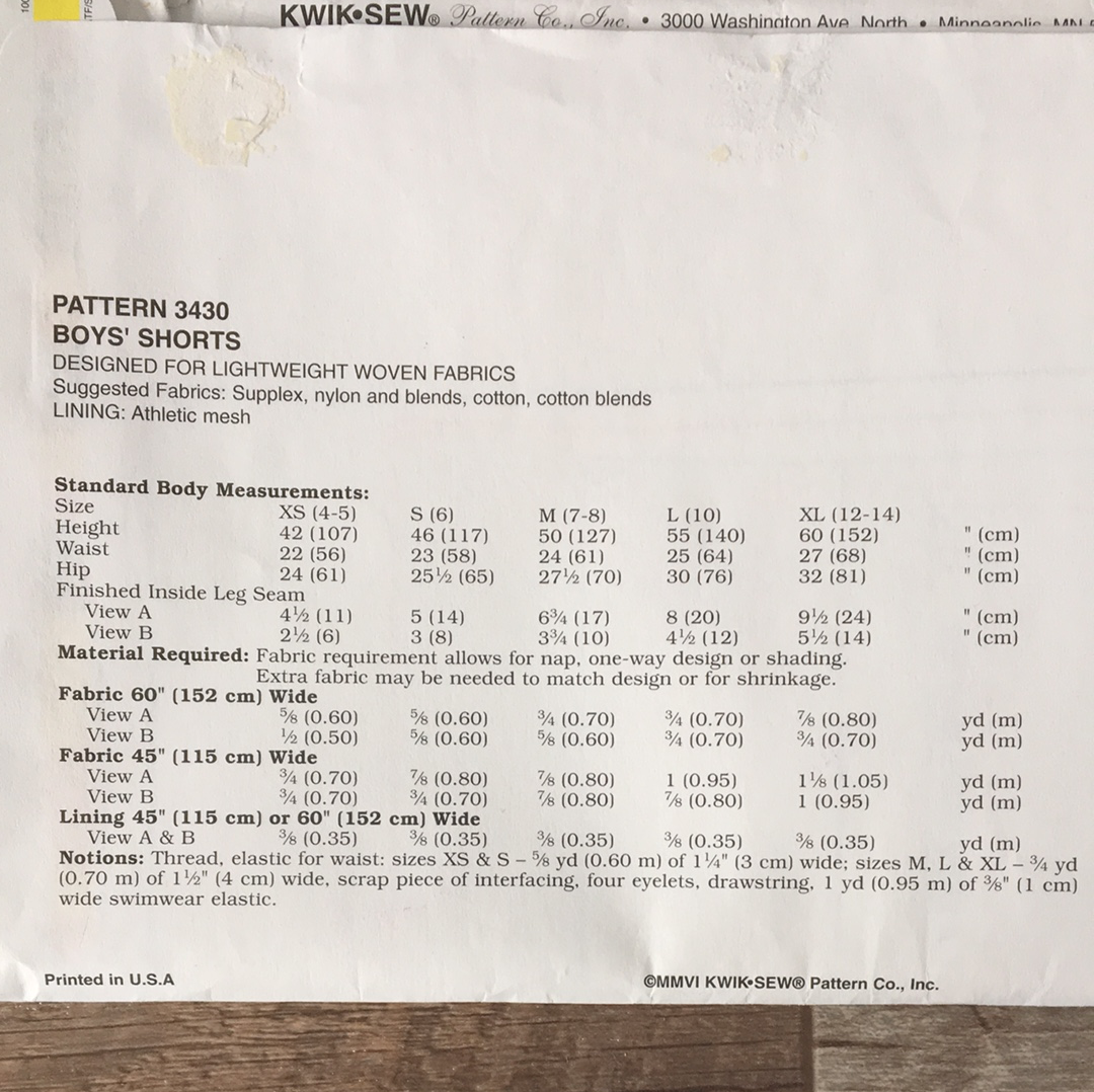 Boys Swimwear Sewing Pattern Size 4 to 14 Kwik Sew 3430