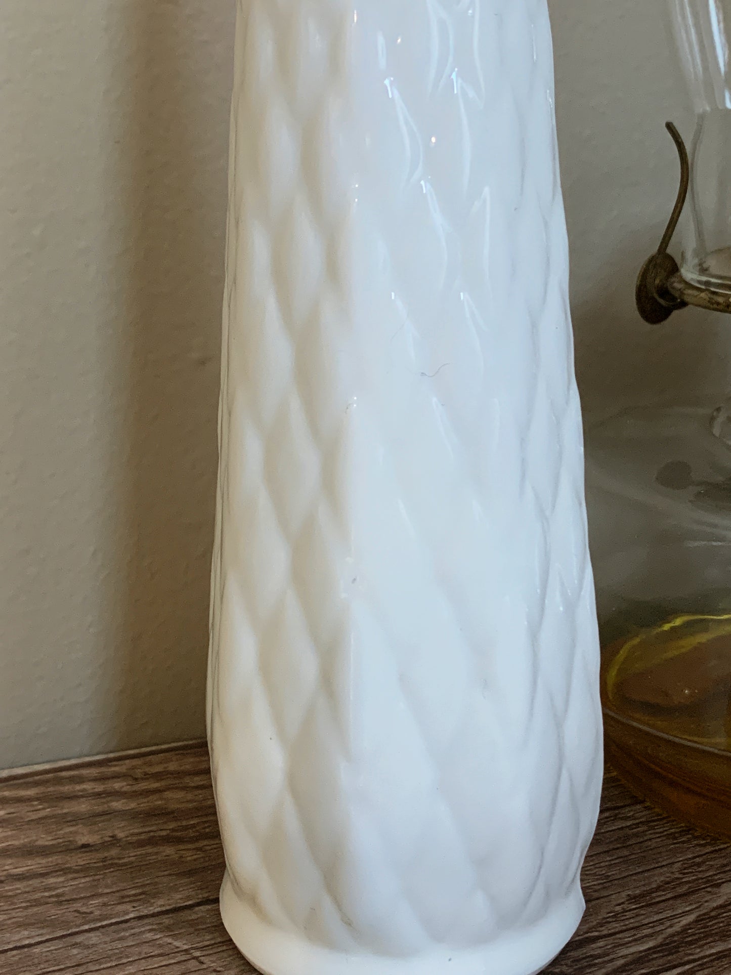 White Milk Glass Vintage Vase with Diamond Waffle Pattern Vintage Farmhouse Decor Housewarming Gifts