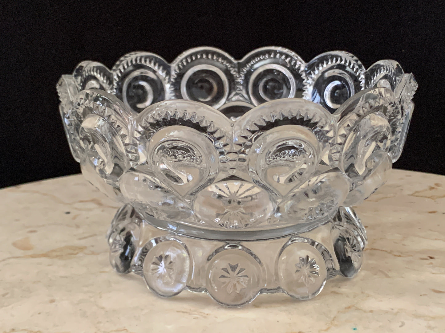L E Smith Moon and Stars Clear Footed Bowl