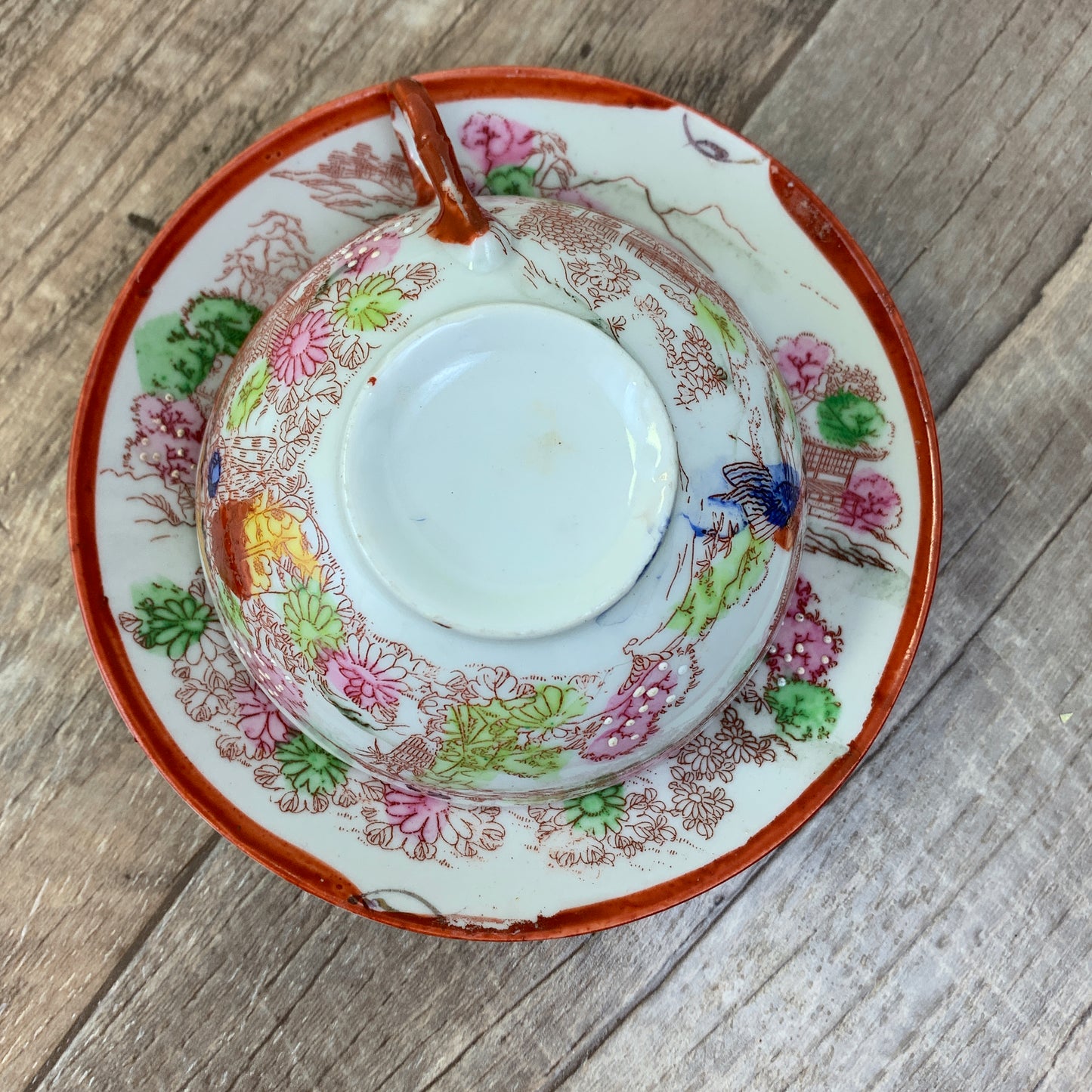 Moriage Teacup and Saucer Japanese Landscape Scene