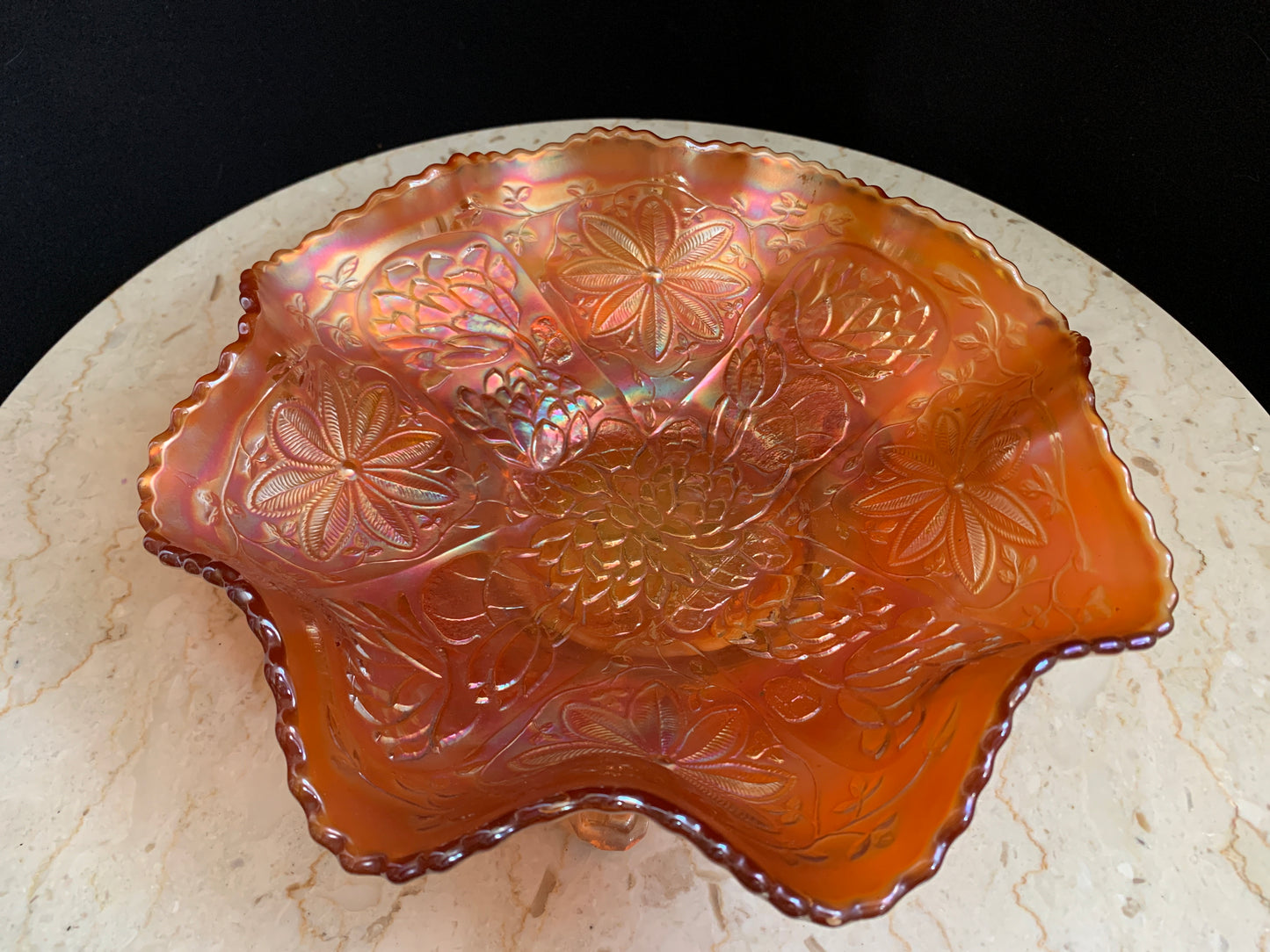 Fenton Carnival Glass Water Lily Poinsettia and Lotus footed dish
