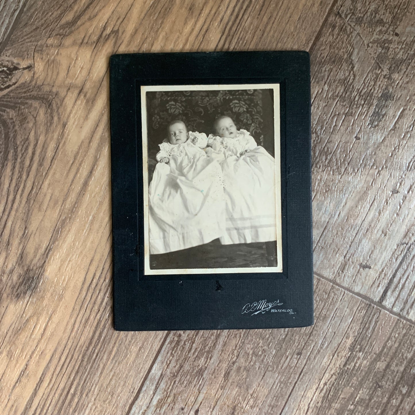Antique Cabinet Card Black and White Christening Photo Twins Baby Photo