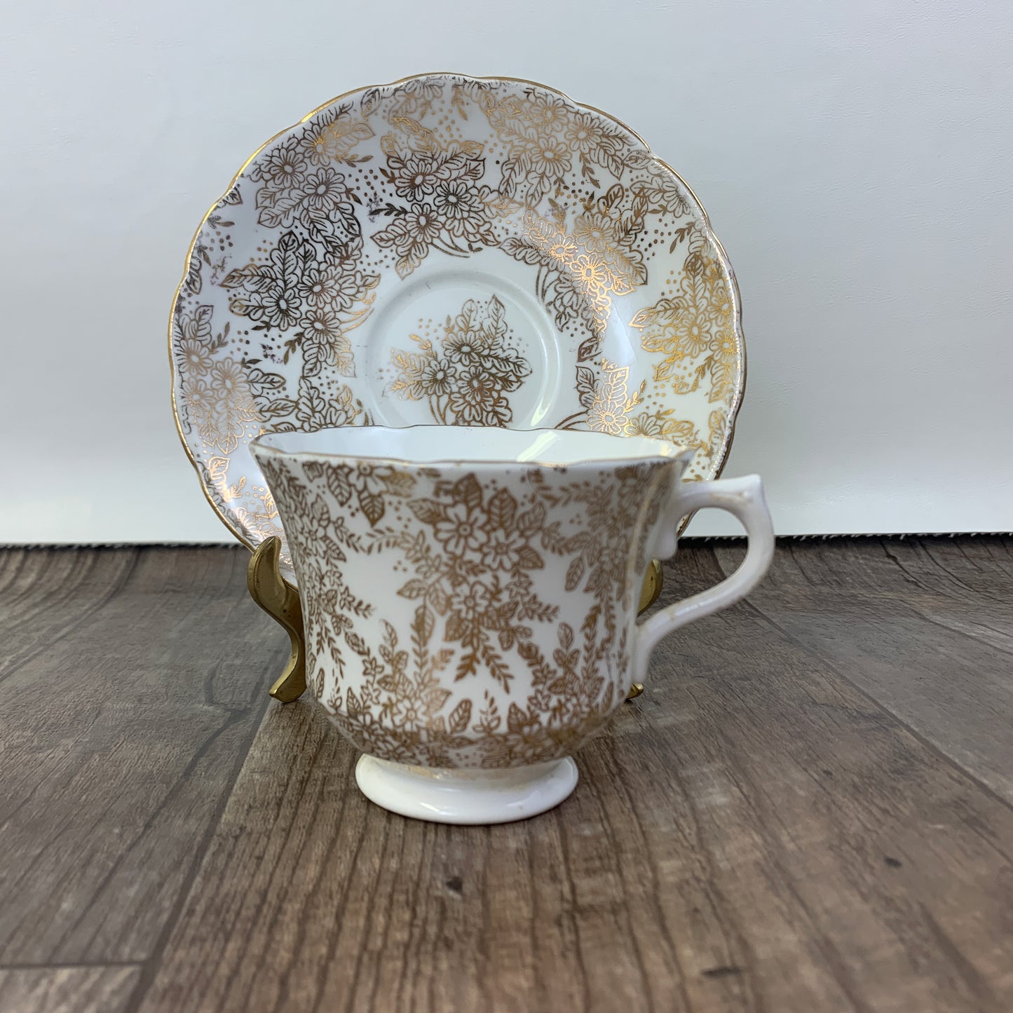 White and Gold Floral Teacup Royal Vale Vintage Tea Cup and Saucer