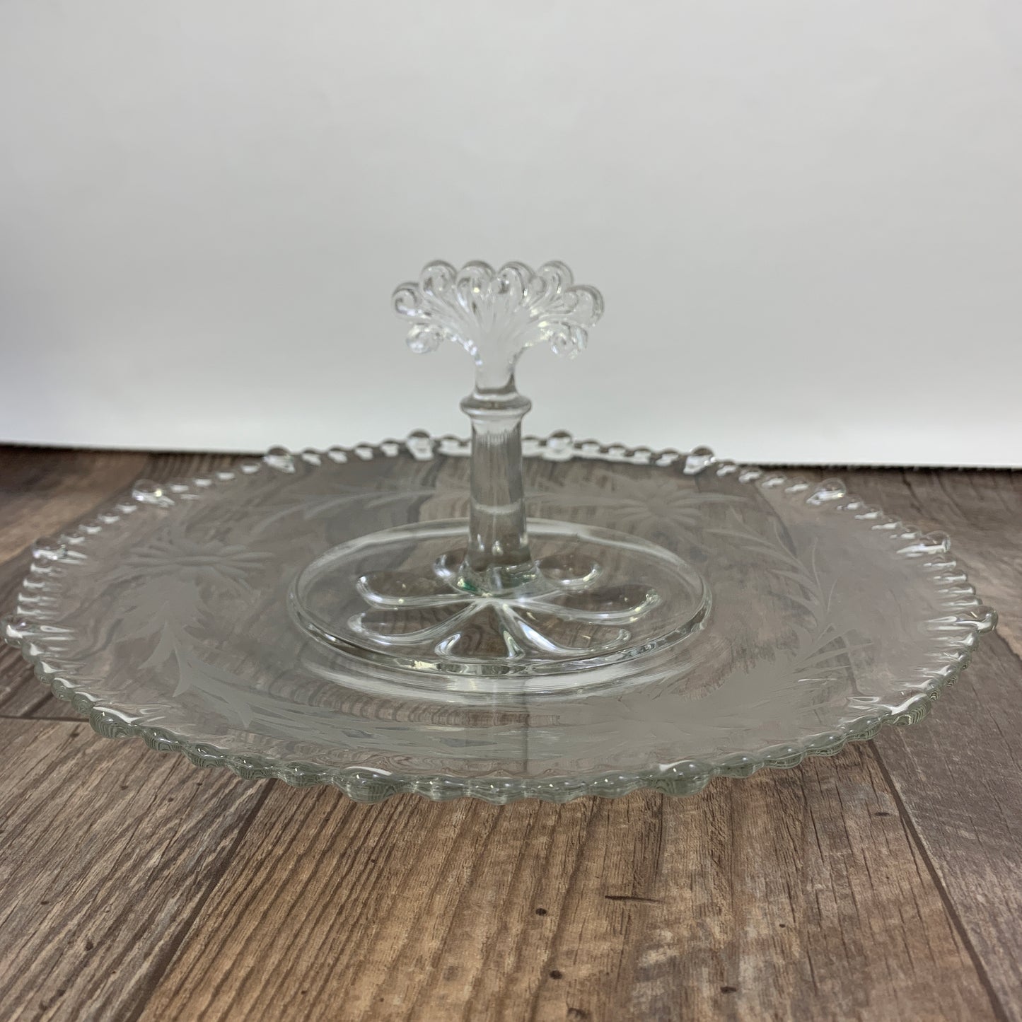 Etched Glass Dish with Center Handle Sandwich Tray Vintage Serving Tidbit Tray