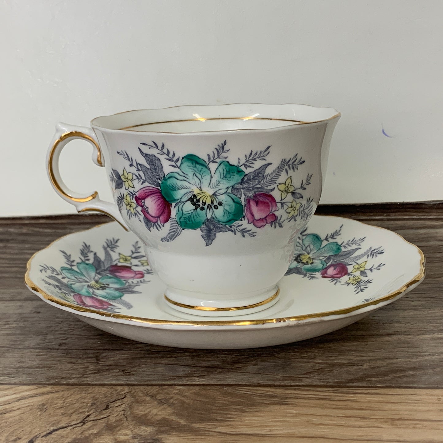 Colclough Hand Painted Teacup with Pink and Teal Flowers