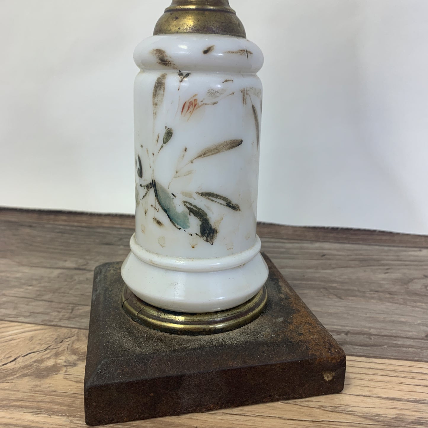 Antique Oil Lamp with Milk Glass and Cast Base