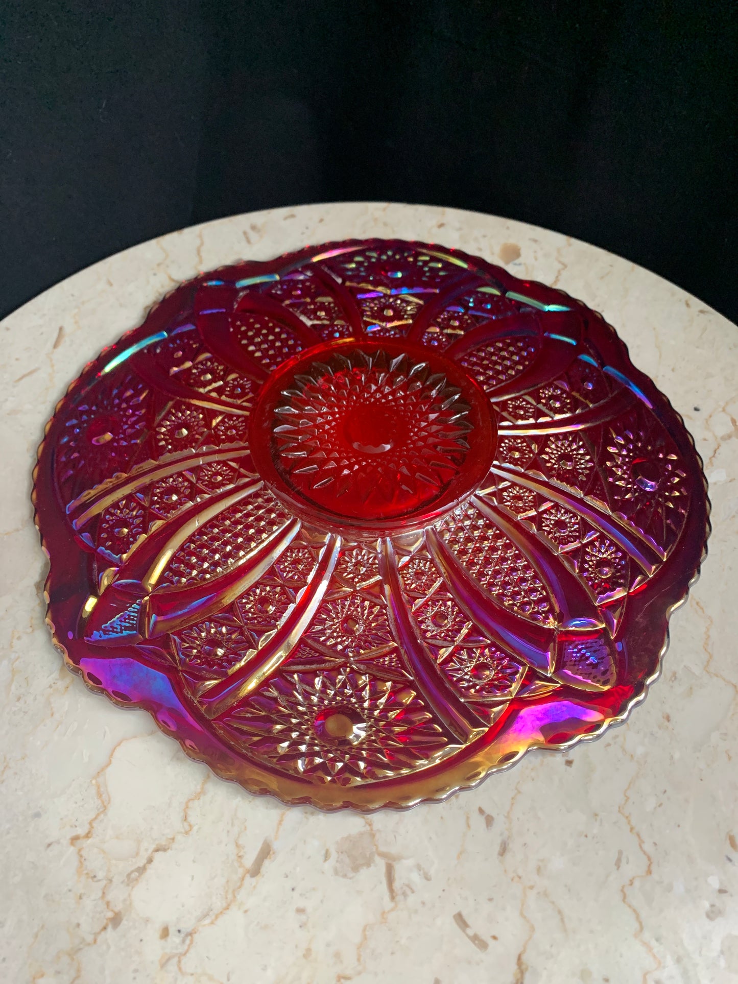 Indiana Glass Heirloom Sunset Red Platter, Indiana Glass Company Iridescent Glass Platter, Red Carnival Glass Sandwich Tray