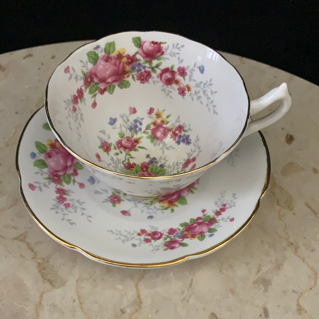 Wide Mouth Teacup and Saucer Set with Pink Floral Pattern