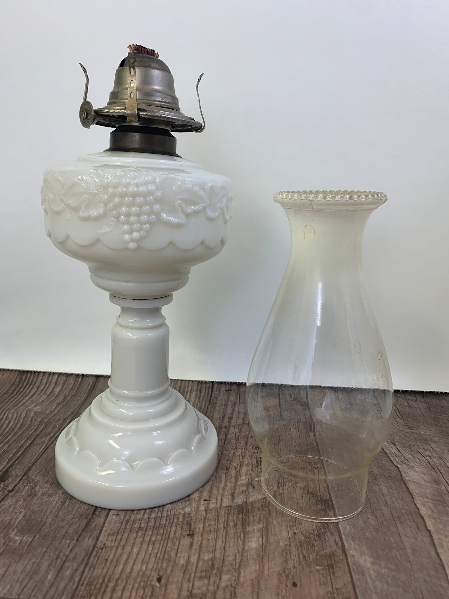 Milk Glass Pedestal Oil Lamp with Grapevine Pattern Early American Oil Lamp Made in USA White Flame Burner Grand Rapids Michigan