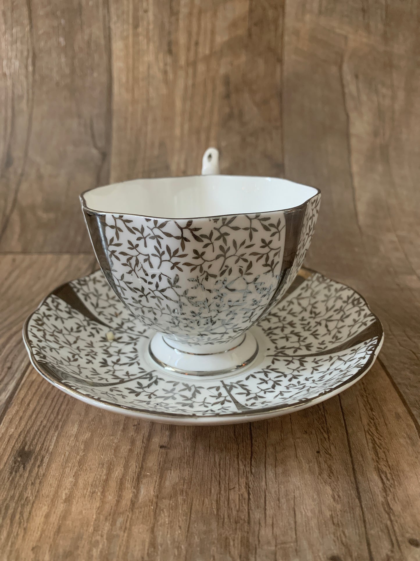 Queen Anne Silver Lace Tea Cup and Saucer Silver Floral Vintage Teacup Mothers Day Gift