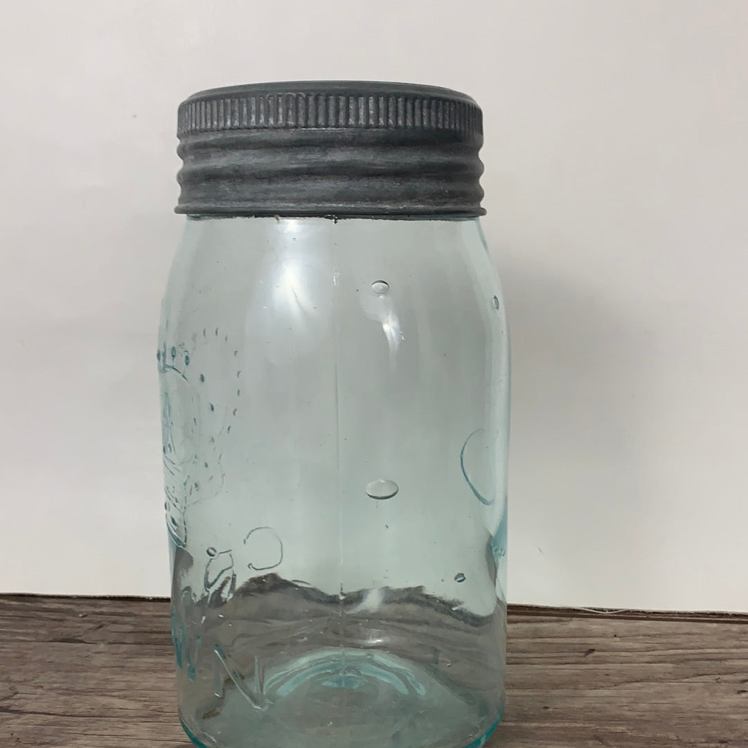 Aqua Blue Vintage Canning Jar Crown Canning Jar Quart Size, Vintage Farmhouse Decor, Dry Kitchen Storage