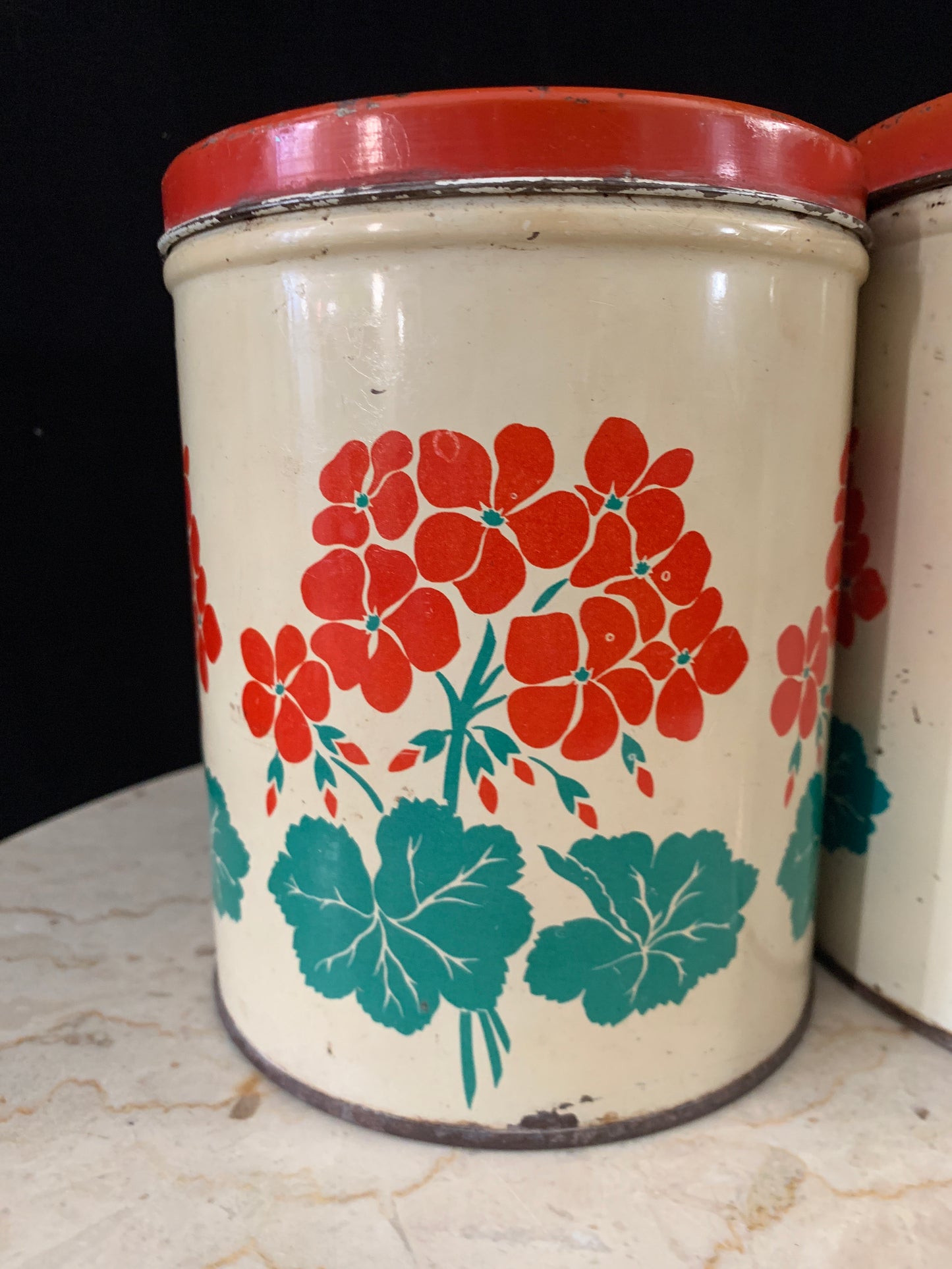 Vintage Tin Canister Set Yellow w/ Red Flowers Chippy Distressed Vintage Farmhouse Decor