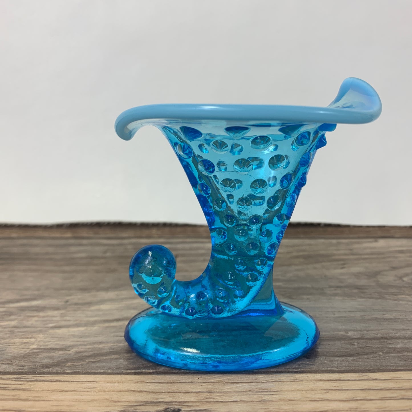 Blue Hobnail Horn of Plenty Cornucopia Fenton Glass Blue Opalescent