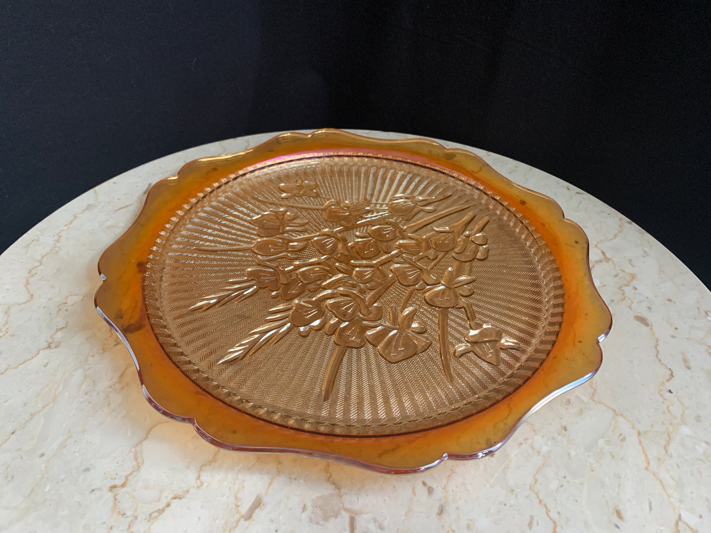 Jeanette Glass Iris and Herringbone Platter Iridescent Glass Marigold Carnival Glass Sandwich Tray