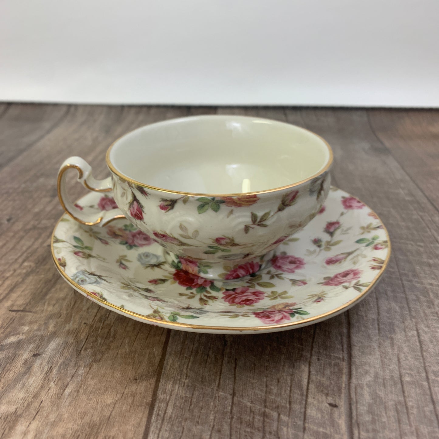 Victorian Trading Co Wide Mouth Teacup and Saucer Rose Chintz Pattern