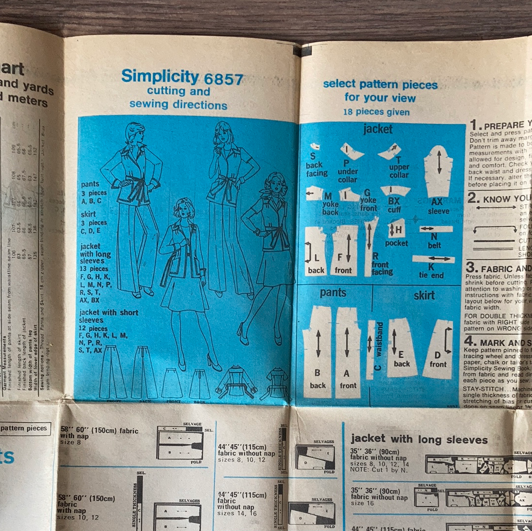 Misses Front Wrap Jacket Skirt and Pants Vintage Sewing Pattern Size 12 Simplicity 6857
