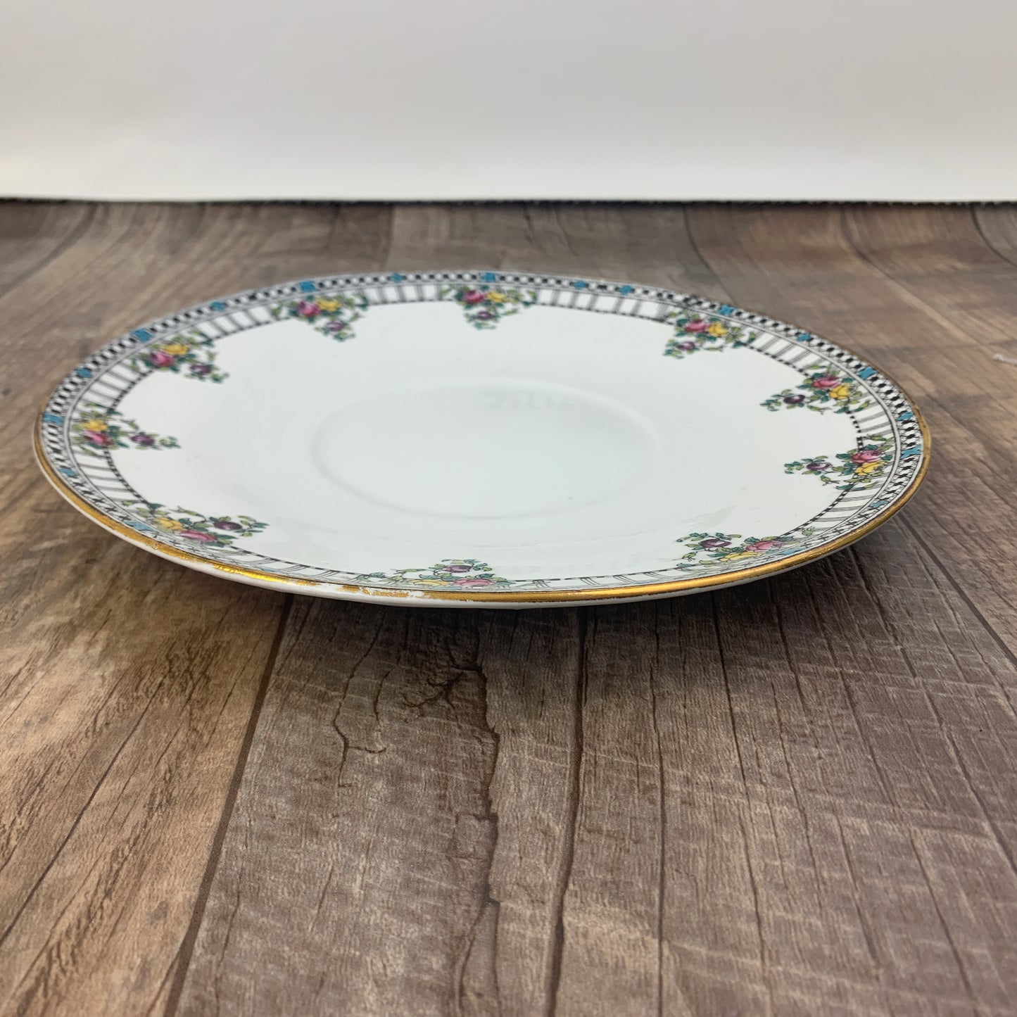 Antique Porcelain Plate with Black Border and Hand Painted Flowers Wildblood, Heath & Sons
