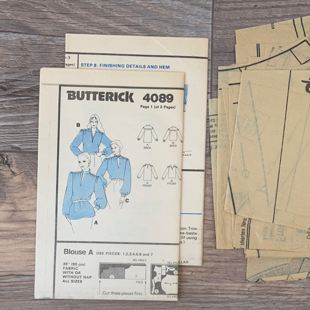 Ladies Long Sleeve Blouse Vintage Sewing Pattern Size 8 Butterick 4089