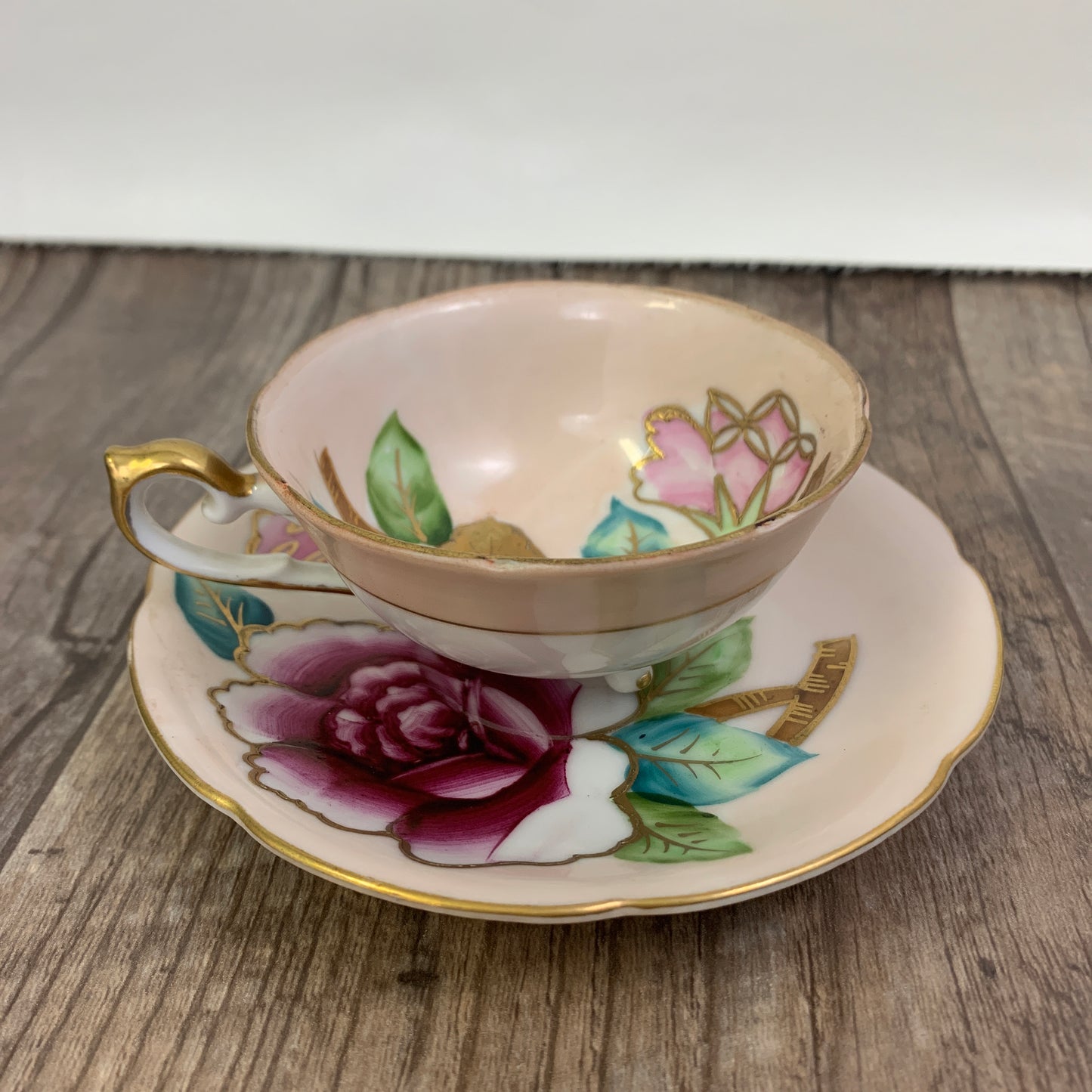 Trimont China Hand Painted Demi Tasse Cup Hand Painted Teacup and Saucer Hand Painted Pink Teacup