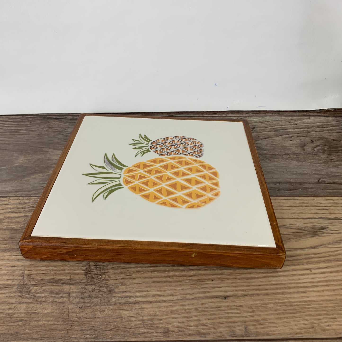 Vintage Ceramic Tile Trivet with Pineapples, Wood Frame Hot Plate