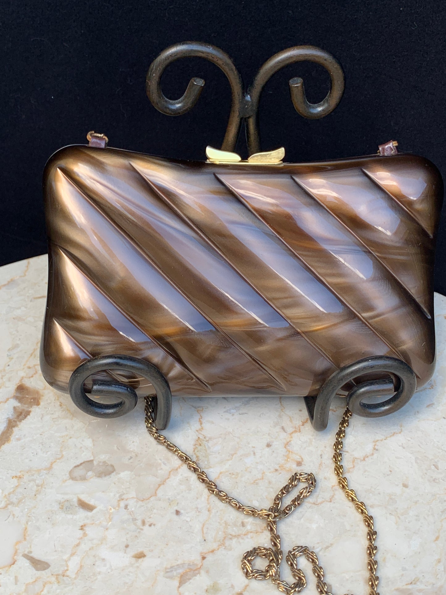 Henry Birks Vintage Clutch Brown and Gold Hard Shell Evening Bag
